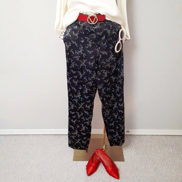 NWOT Equipment Femme black silk micro floral print pants w/ racer stripe detail - Picture 2 of 9